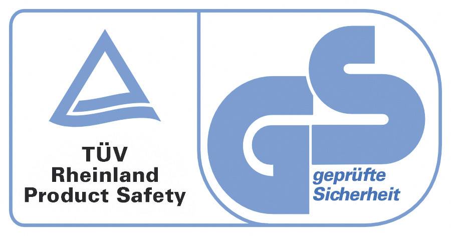 Logo 'GS gwarantowane bezpieczeństwo' oraz tekst 'TÜV Rheinland Bezpieczeństwo Produktu' sygnalizują sprawdzone bezpieczeństwo produktu.