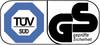 Logo 'TÜV SÜD' po lewej stronie, niebieskie ośmiokąt; po prawej logo 'GS sprawdzone bezpieczeństwo', czarny tekst. Znaki potwierdzonej jakości i bezpieczeństwa.