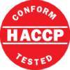 Okrągła pieczęć z napisem 'HACCP', 'Conform' u góry i 'Tested' u dołu, czarnym drukiem na turkusowym tle.