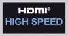 Czarna etykieta z białym tekstem 'HDMI®' i niebieskim tekstem 'HIGH SPEED', symbolizująca szybkie połączenie HDMI.