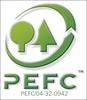 Logo PEFC: Zielony okrąg z symbolami drzewa i liści, poniżej którego widnieje napis PEFC/04-32-0942.