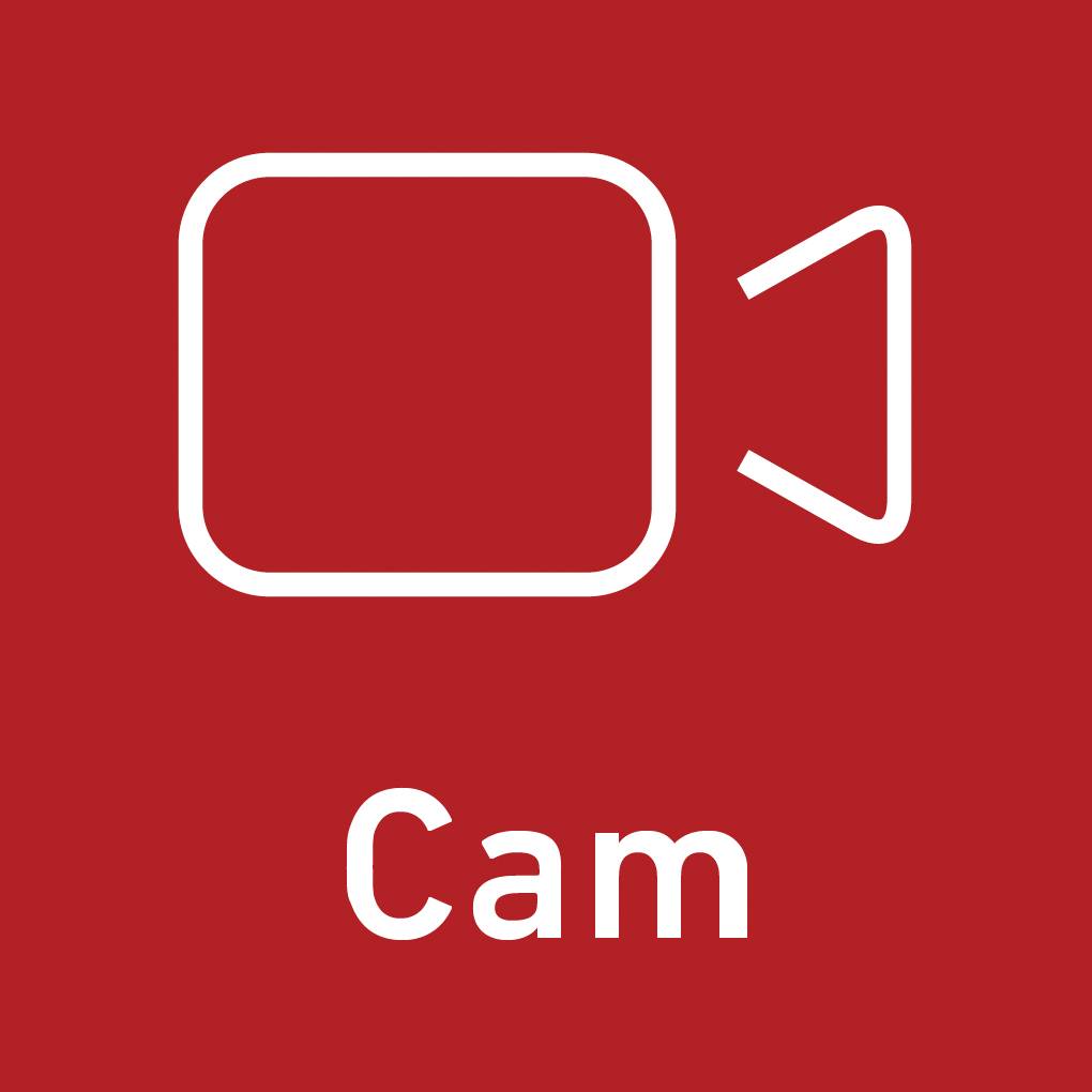 Symbol 'Cam' na czerwonym tle, reprezentujący kamerę wideo.