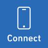 'Connect': Białe logo smartfonu na niebieskim tle. Poniżej widnieje napis 'Connect' białymi literami.