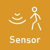 Stylizowany piktogram przedstawia postać ludzką i faliste linie symbolizujące czujniki na pomarańczowym tle. Pod spodem widnieje napis 'Sensor'.