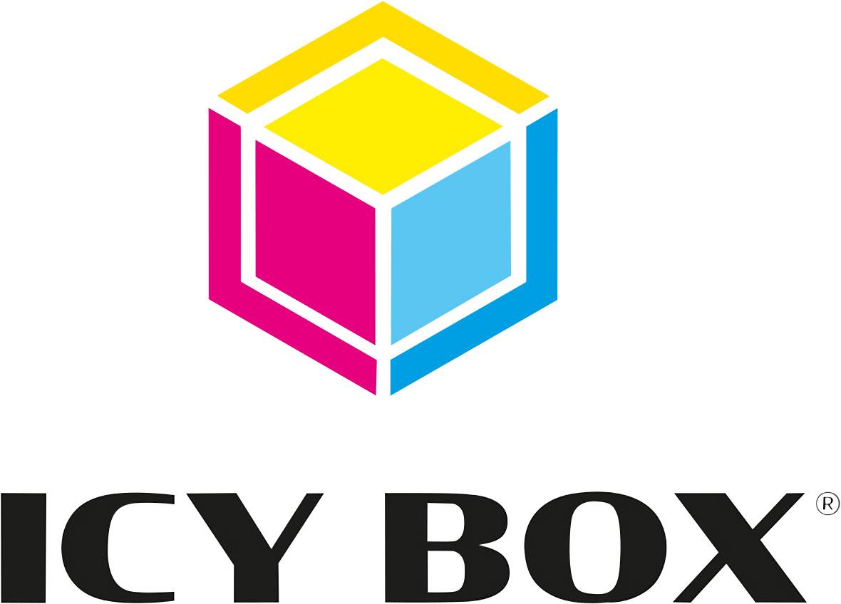 Logo z żółtą, różową i niebieską kostką nad napisem 'ICY BOX'.