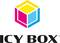 Logo z żółtą, różową i niebieską kostką nad napisem 'ICY BOX'.