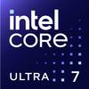Logo procesora 'Intel Core Ultra 7' na ciemnoniebieskim tle z niebieskim wzorem kwadratowym.