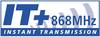 Logo 'IT+ 868MHz Instant Transmission' z niebieskimi literami i symbolami fal.