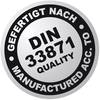 Okrągła naklejka z napisem: 'Wyprodukowane zgodnie z DIN 33871, Jakość, Wyprodukowane zgodnie z', wskazuje na standard jakości.