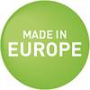 Zielony okrąg z białym tekstem 'Made in Europe', symbolizujący europejskie pochodzenie produktu.