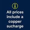 Uwaga: Wszystkie ceny zawierają dopłatę za miedź - jest napisane białym tekstem pod żółtym symbolem informacyjnym na niebieskim tle.