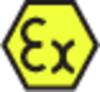 Sześciokątny symbol z 'Ex' w środku, żółte tło, symbolizuje strefy zagrożone wybuchem.