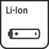 Symbol baterii litowo-jonowej z symbolem plusa i minusa wskazujący na polaryzację.
