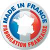 Logo z napisem: Made in France, Fabrication Française. W centrum przedstawiona mapa Francji.