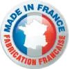 Logo z napisem: Made in France, Fabrication Française. W centrum przedstawiona mapa Francji.