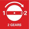 Obraz przedstawia białą tarczę z czerwoną strzałką przechodzącą z pozycji 1 na 2 oraz tekstem '2 Gears'. Symbolizuje zmianę biegu.