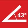 Biały kąt o wielkości 43 stopni na czerwonym tle, przedstawiający wielkość kąta.