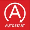 Czerwone tło z białym kołem i strzałką otaczającą wielką literę 'A'. Poniżej tekst 'Autostart'.