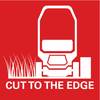 Kosiarka do trawy tnie trawę, z towarzyszącym tekstem 'CUT TO THE EDGE' poniżej, napisanym białymi literami na czerwonym tle.