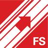 Czerwone logo kwadratowe z białymi pasami skośnymi, strzałką skierowaną w górę oraz białymi literami 'FS' w dolnym rogu.