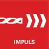 Biała, pleciona linia i trzy strzałki na czerwonym tle; poniżej słowo 'IMPULS'.