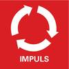 Trzy białe, zakrzywione strzałki tworzą okrąg na czerwonym tle. Poniżej widnieje słowo 'IMPULS' wielkimi literami.