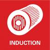 Stylizowany obraz silnika indukcyjnego z koncentrycznymi kołami. Poniżej napis 'INDUCTION' na czerwonym tle.