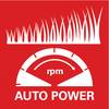 Ilustracja obrotomierza ze strzałką wskazującą na 'rpm' oraz tekstem 'Auto Power'. Tło w kolorze czerwonym z motywem trawy u góry.