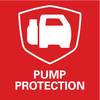 Czerwone tło z białym symbolem zabezpieczenia pompy oraz napisem 'PUMP PROTECTION'.