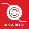 Symbol dwóch strzałek w kole, towarzyszący tekstowi 'QUICK REFILL' na czerwonym tle.