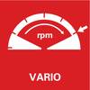 'Obrotomierz z strzałką wskazuje na 'rpm'. Poniżej widnieje napis 'VARIO' na czerwonym tle.'