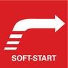 Biały strzałka na czerwonym tle skierowana jest w prawo w górę. Pod strzałką widnieje napis 'Soft-Start'.