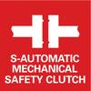Symbol dwóch zazębiających się kół zębatych nad tekstem: S-Automatic Mechanical Safety Clutch na czerwonym tle.