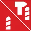 Symbol robót budowlanych na czerwonym tle, składający się z dużej litery 'T' i trzech pasków po prawej stronie.