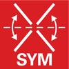 Czerwony symbol przedstawia dwie strzałki skierowane do wewnątrz i na zewnątrz, celujące w linię przerywaną. Pod spodem widnieje napis 'SYM'.