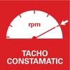 Czerwony tachometr ze wskazówką skierowaną na 'rpm'. Poniżej białymi literami wyświetlono napis 'TACHO CONSTAMATIC'.