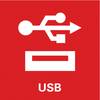 Czerwony symbol z białym symbolem USB i tekstem 