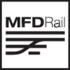 Logo z napisem 'MFDRail' umieszczonym nad stylizowanymi, poziomymi liniami na czarnym tle.