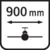 Znak '900 mm' z strzałkami wskazującymi odległość, umieszczony nad widokiem z góry samolotu.