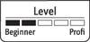 Wskaźnik 'Poziomu' z pięcioma polami, z czego dwa są zaznaczone na biało; po lewej stronie napis 'Początkujący', po prawej 'Profesjonalista'. Wskazuje postęp lub poziom trudności.