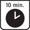Znak z napisem '10 min.' przedstawia symbol zegara ze strzałką skierowaną w dół i w prawo, co wskazuje na ograniczenie czasowe.