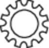 Stylizowany, czarny symbol koła zębatego na białym tle, symbolizujący ustawienia lub mechanikę.