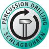 Okrągłe logo z symbolem młotka i strzałki. Tekst: 'Percussion Drilling - Wiercenie udarowe'.