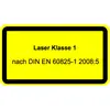 Żółta tabliczka z napisem 'Laser klasy 1 zgodnie z DIN EN 60825-1 2008:5', czarna ramka.