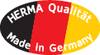 Owalna grafika z tekstem 'HERMA Jakość Made in Germany', na tle w kolorach czarnym, czerwonym i złotym, reprezentujących barwy niemieckiej flagi.