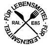 Okrągła pieczęć z napisem 'Dla żywności' przedstawia nóż i widelec, obok widnieje napis 'RAL - E85'.