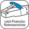 Czarno-biały rysunek wtyczki RJ45 z niebieską osłoną zatrzasku. Tekst: 'Ochrona zatrzasku Rastnasenschutz'.