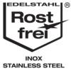 Symbol 'Rostfrei' z napisem 'EDELSTAHL Rostfrei INOX STAINLESS STEEL', oznaczający stal nierdzewną jako stopową stal odporną na korozję.