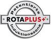 'Logo ROTA PLUS+ z tekstem: Opatentowana strefa indukcyjna. Projekt w kształcie koła z srebrnym i czerwonym napisem.'