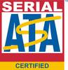 'Logo z tekstem: SERIAL ATA na górze, poniżej żółta wstęga w kształcie litery S i niebieskie słowo ATA, na dole na czerwono napis CERTIFIED.'